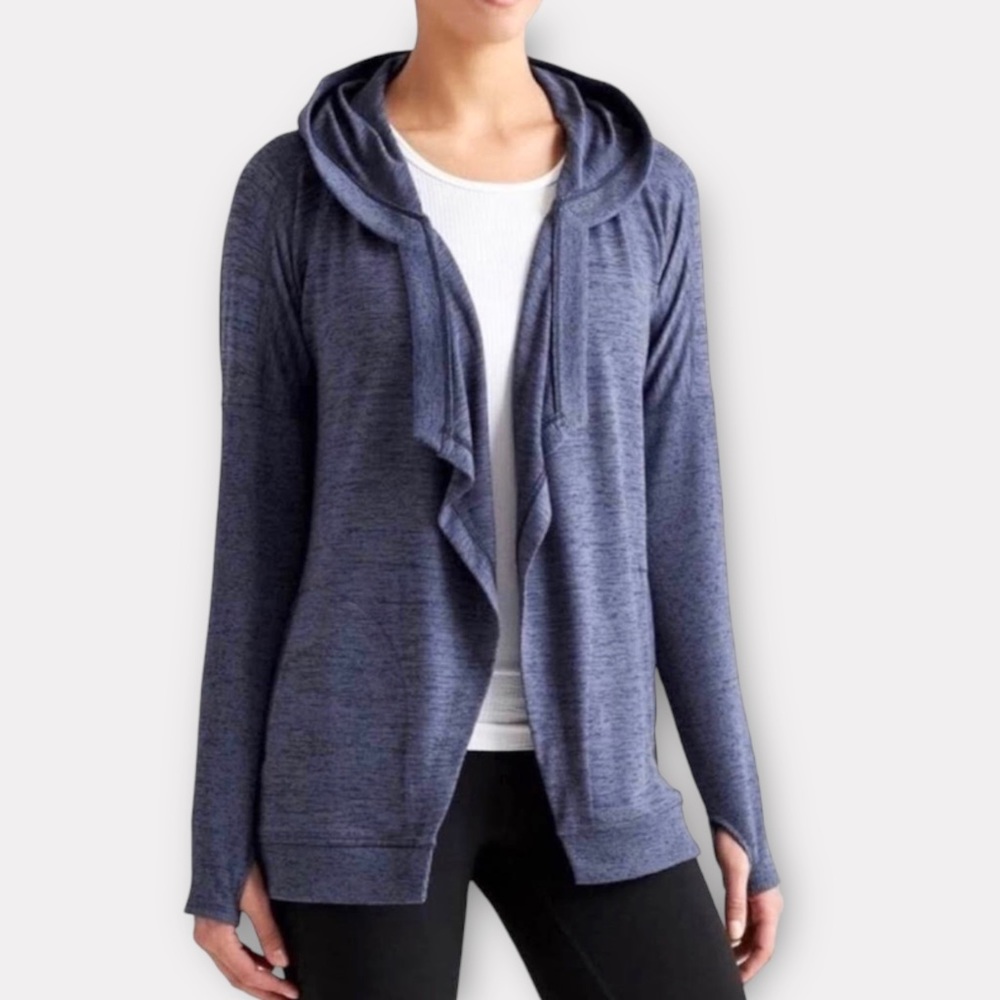 Athleta Blissful Wrap Hooded Cardigan M heather blue open front hoodie sweater